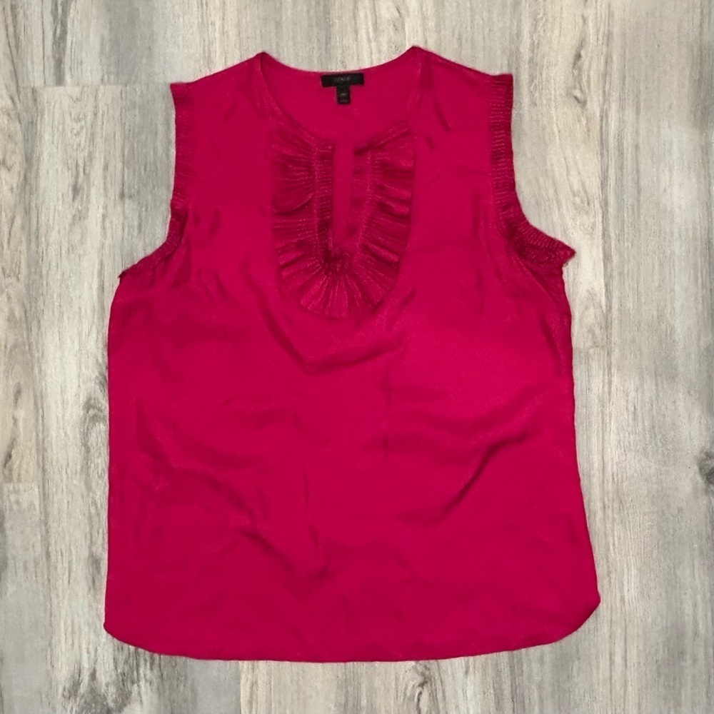 J. Crew 100% Silk Ruffle Neck Sleeveless Top Slit V Neck Hot Pink Size 12 Tall